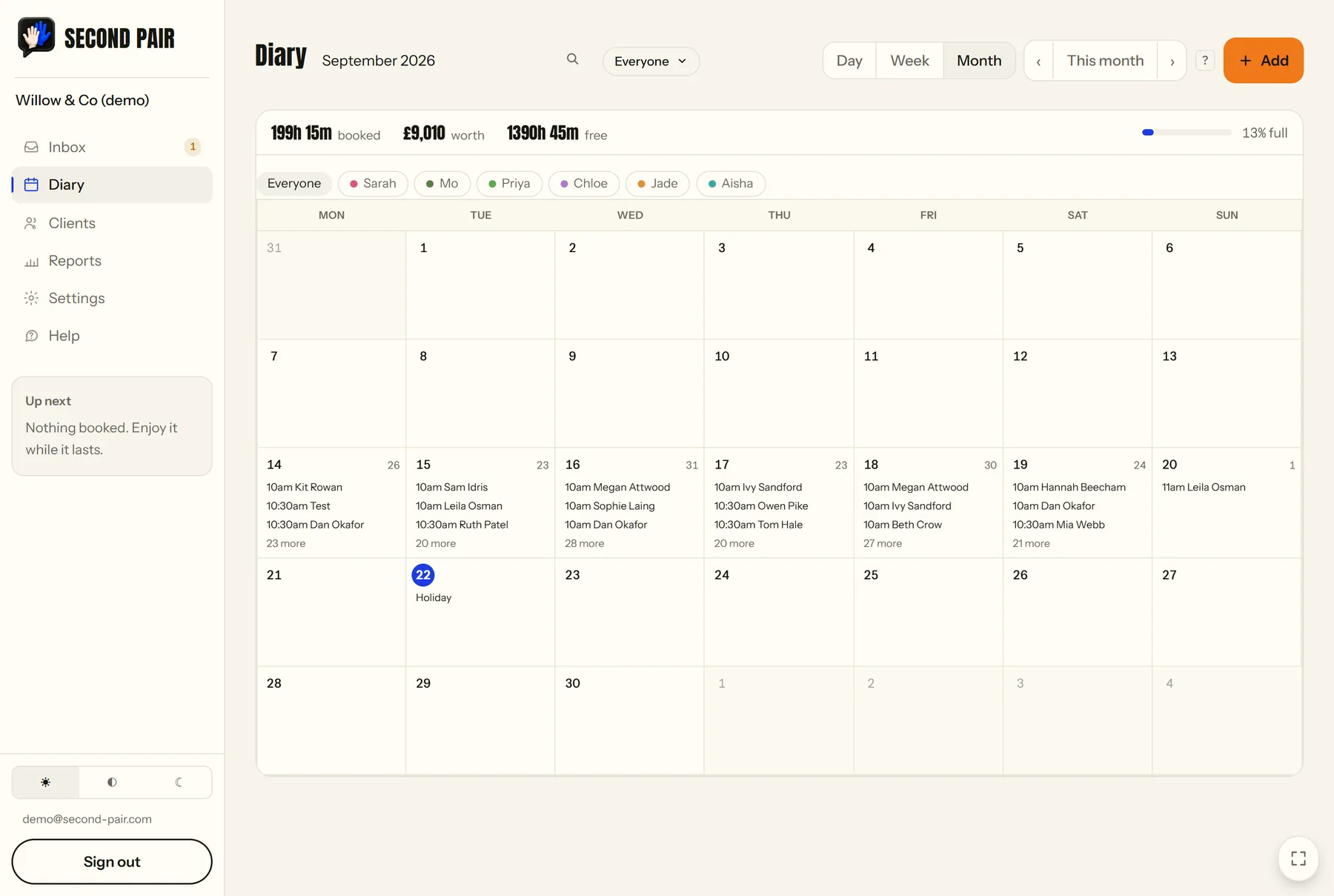 The Second Pair diary, month view, in the demo salon