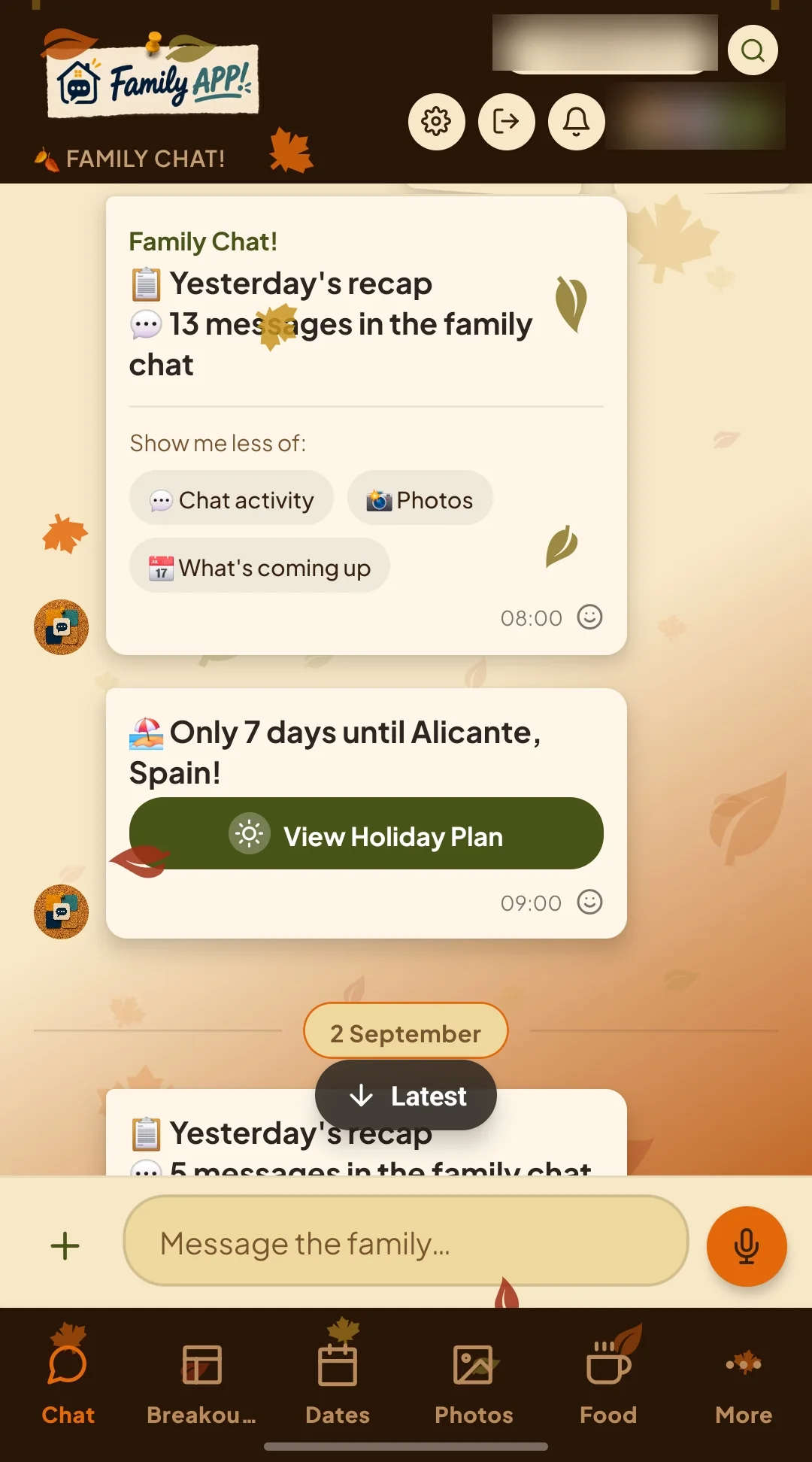 Family APP! main chat, with the daily recap and a holiday countdown.