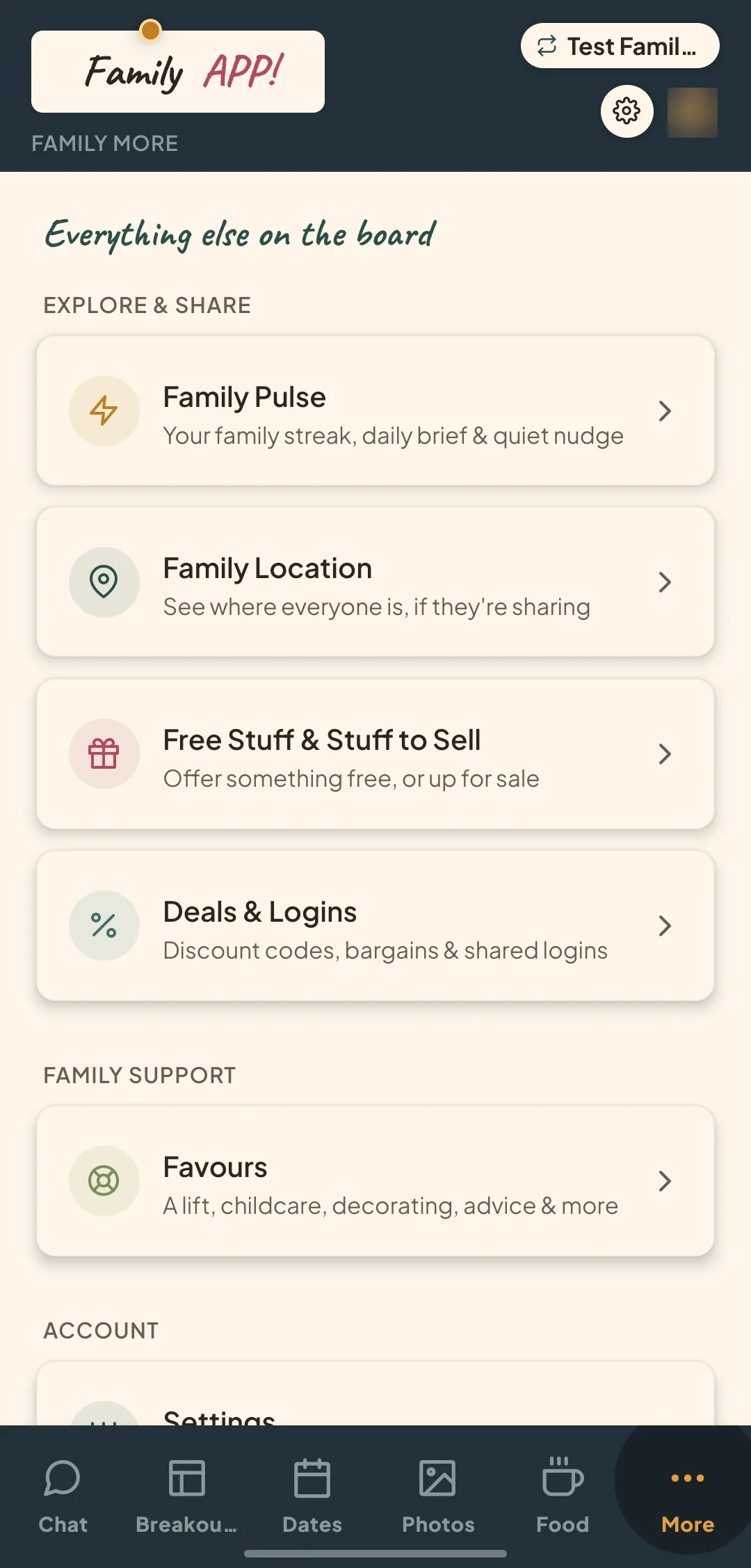 Family APP! menu, showing Family Pulse, Location, Free Stuff and Favours.
