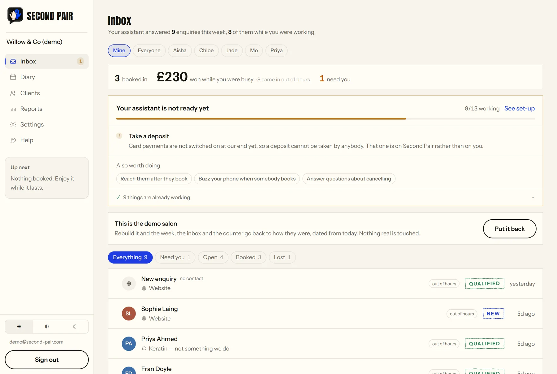 The inbox in the demo salon, filtered by stylist